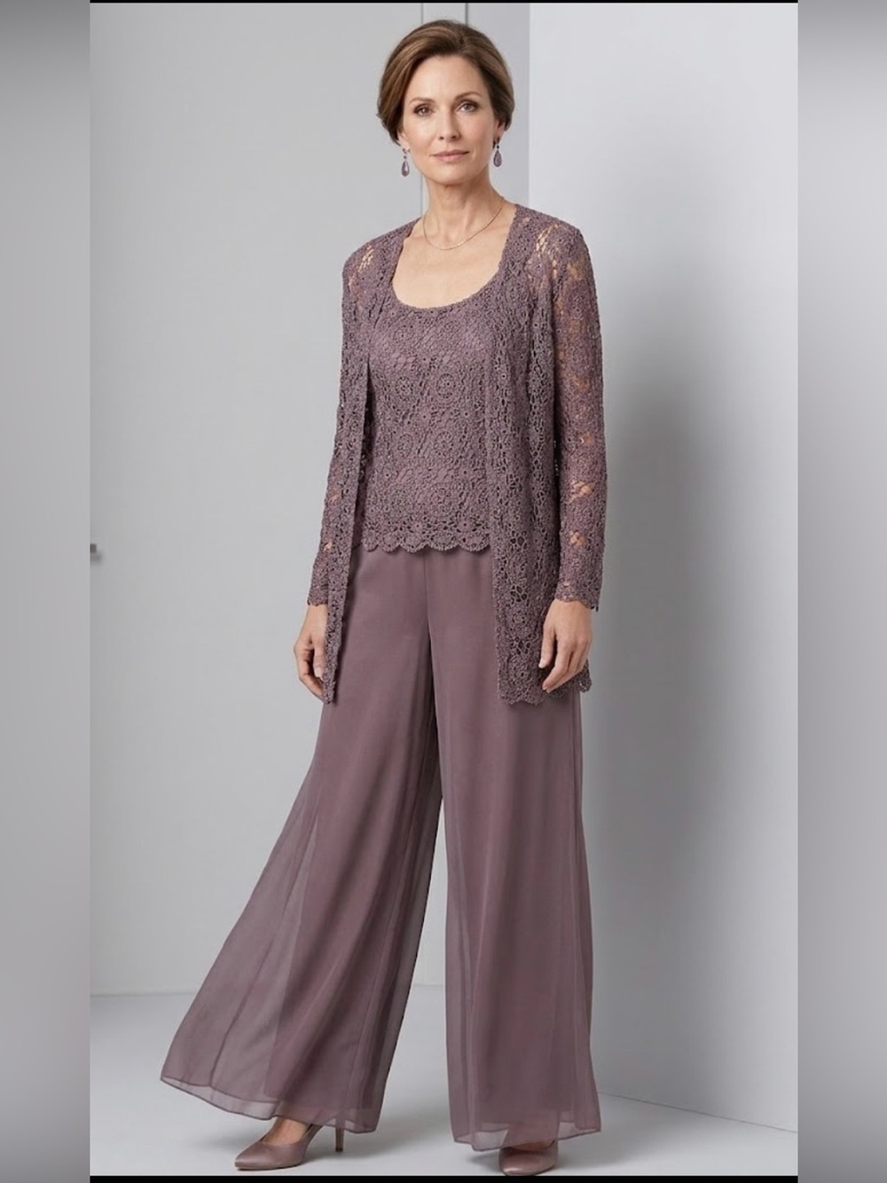 R&M Richards Mauve Lace Overlay Wide-leg pants, top and cardigan elegant set M